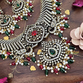 Premium Victorian Diamond Short Pendant Neckpiece-Red Green Beads-VV1457